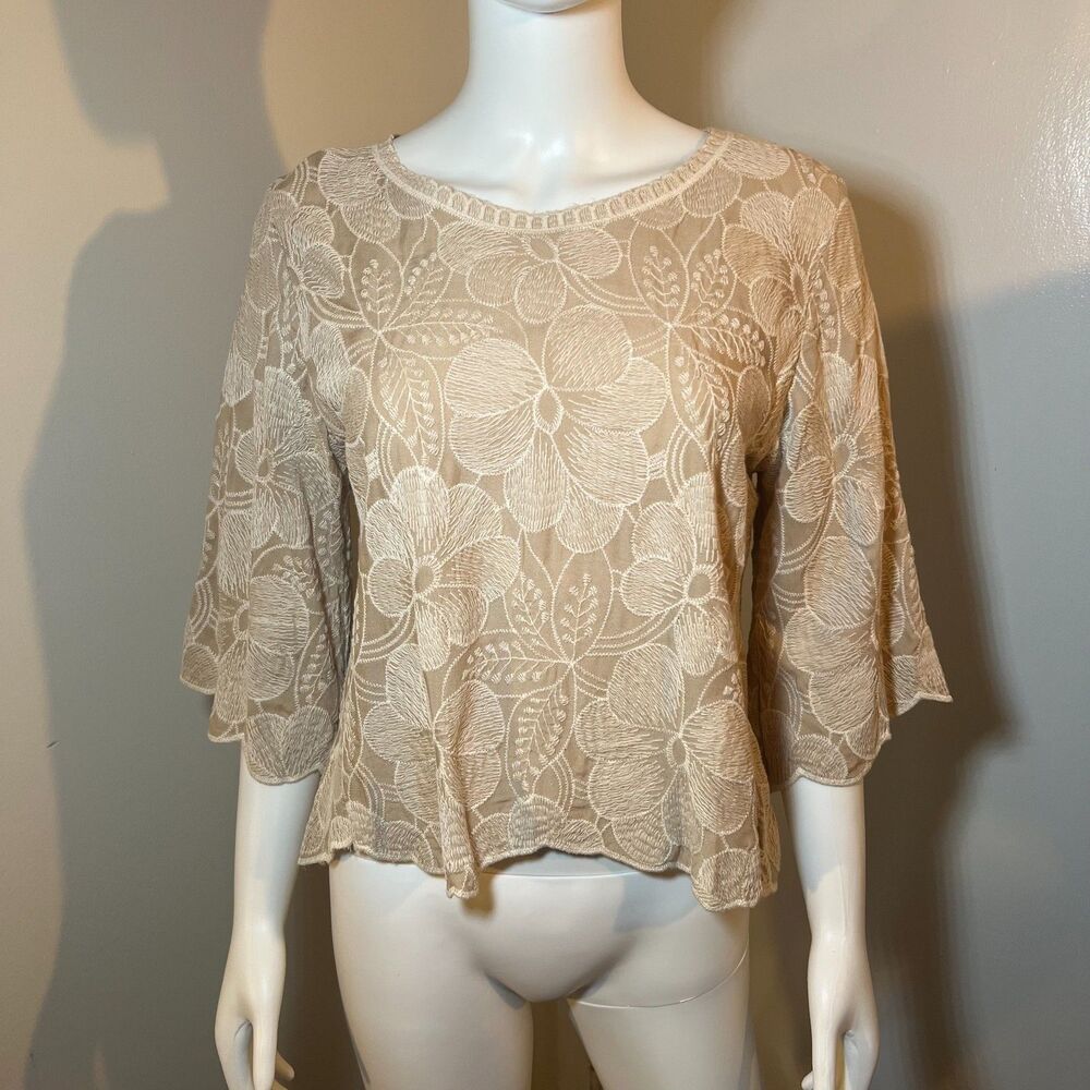 Solitaire Embroidered Blouse Top M - Floral Retro 70s Boho Hippie Earthy Neutral
